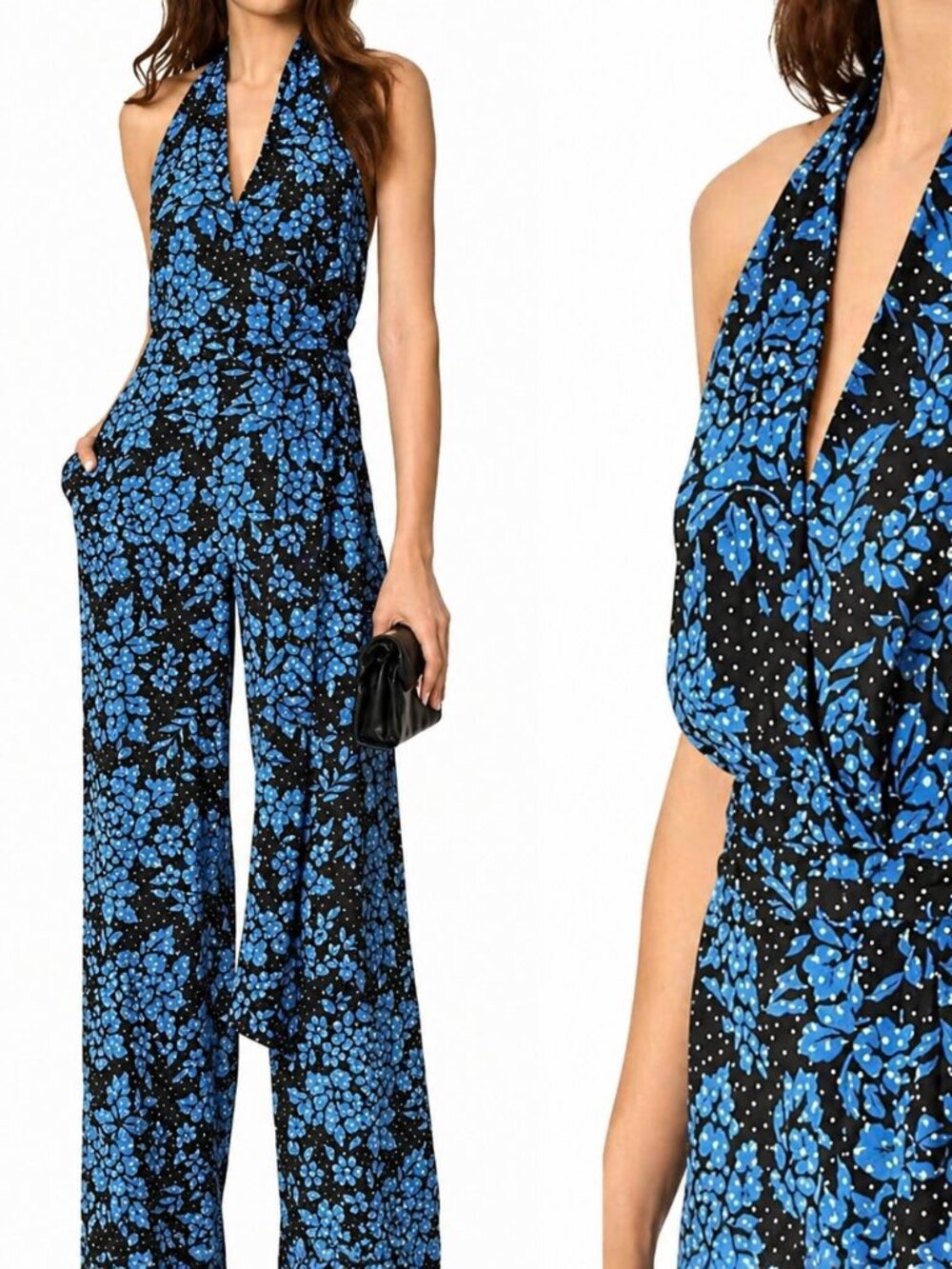 DVF Diane Von Furstenberg 100% Silk Black & Blue Halter Jumpsuit Women's Size 12